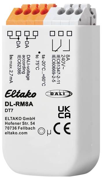 White electronic component by Eltako with cable connections at the top, technical specifications and certification logos on the front.