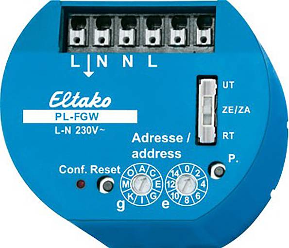 A blue Eltako PL-FGW device for controlling electrical systems, with connections at the top and configuration dials at the bottom.