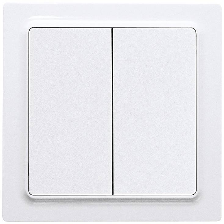 White, rectangular double light switches on a wall, each switch arranged vertically.