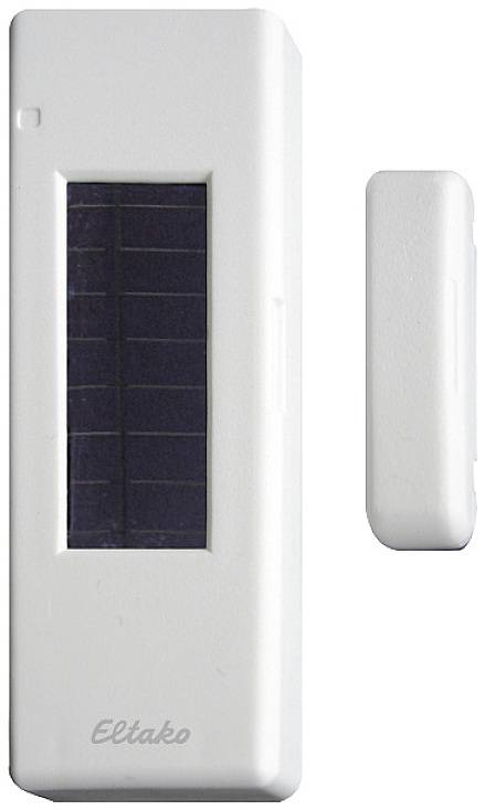 A white, rectangular motion sensor with solar cells on the front.