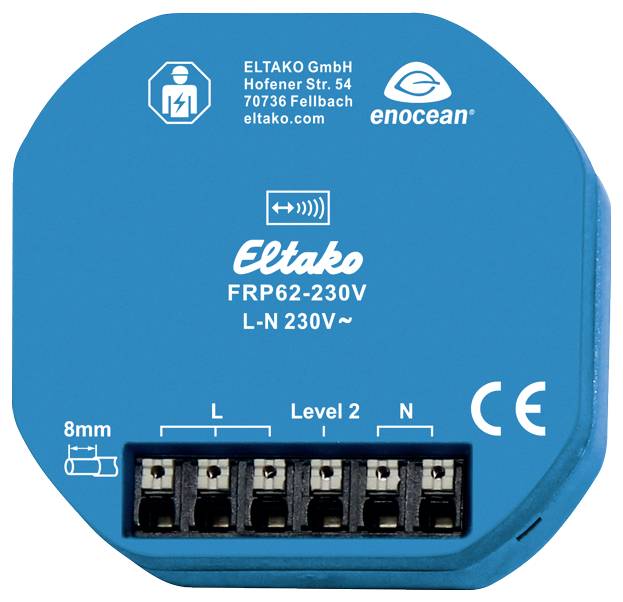 Blue Eltako Radio Repeater FRP62-230V for signal amplification. Label with contact details and technical specifications at the top.