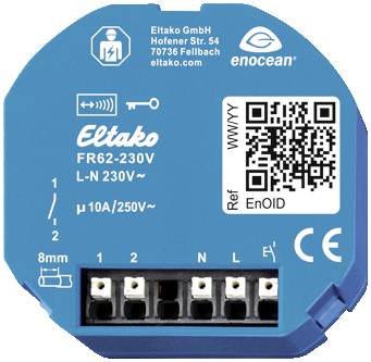 A blue wireless switch adapter by Eltako with a QR code, connections, and technical specifications.