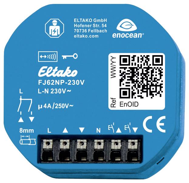 A blue Eltako radio-controlled actuator FJ62NP-230V, with connections for electrical installations. Displays QR code and technical specifications.