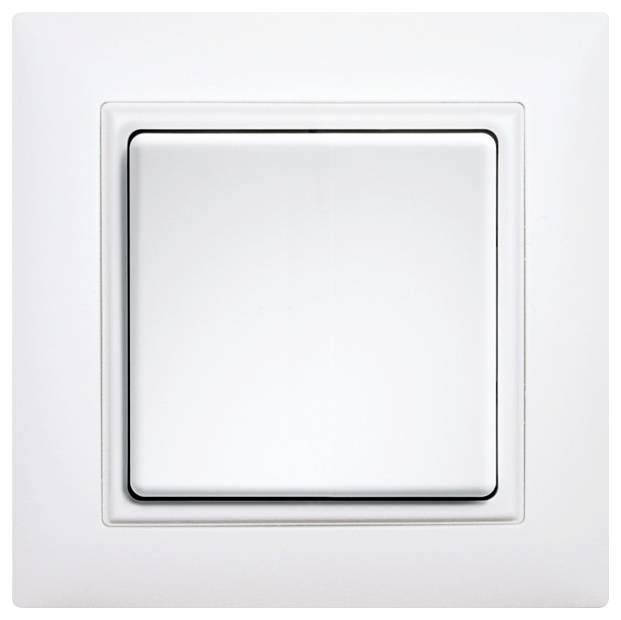 A square, white light switch on a wall. The switch is in the off position.