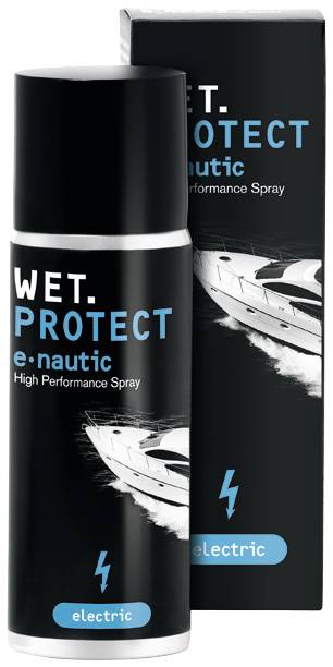 Spray bottle and packaging of a yacht care product line called Wet Protect e-nautic, emphasising high performance and electrical protection.