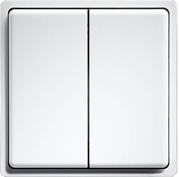A white light switch with two toggle switches to turn the lights on or off.