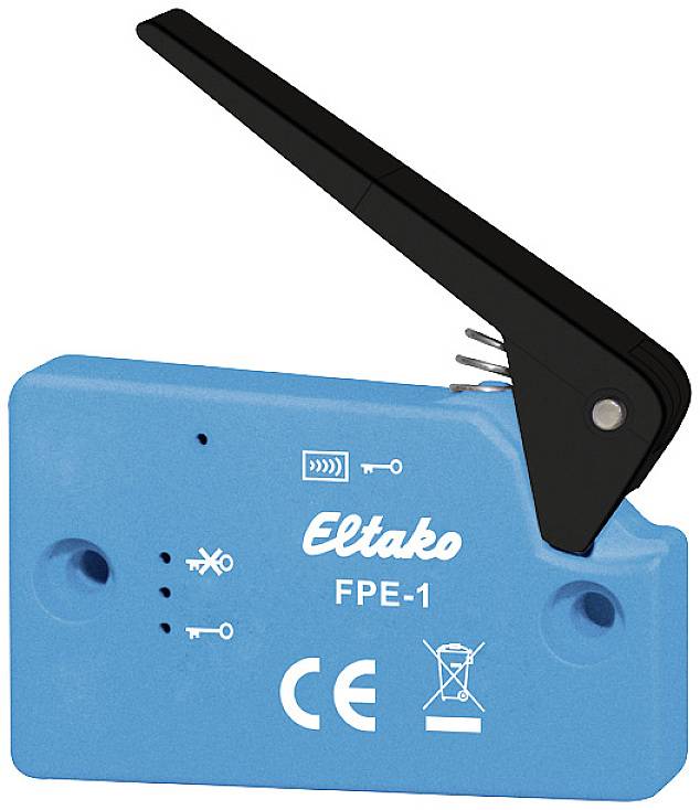 A blue circuit breaker with a black lever, brand 'Eltako' and model 'FPE-1', with CE marking.