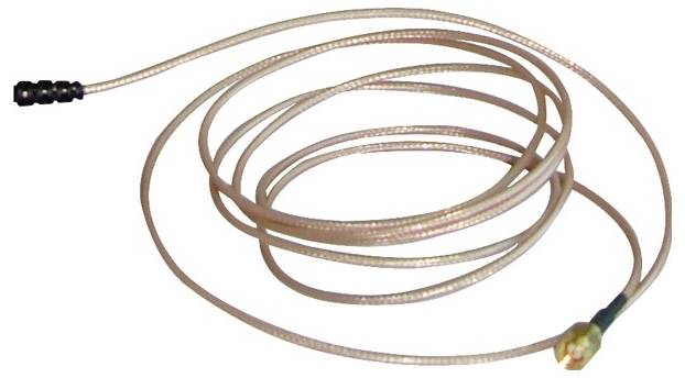 A long, thin coaxial cable with connectors at both ends is shown coiled up. Suitable for high-frequency connections.