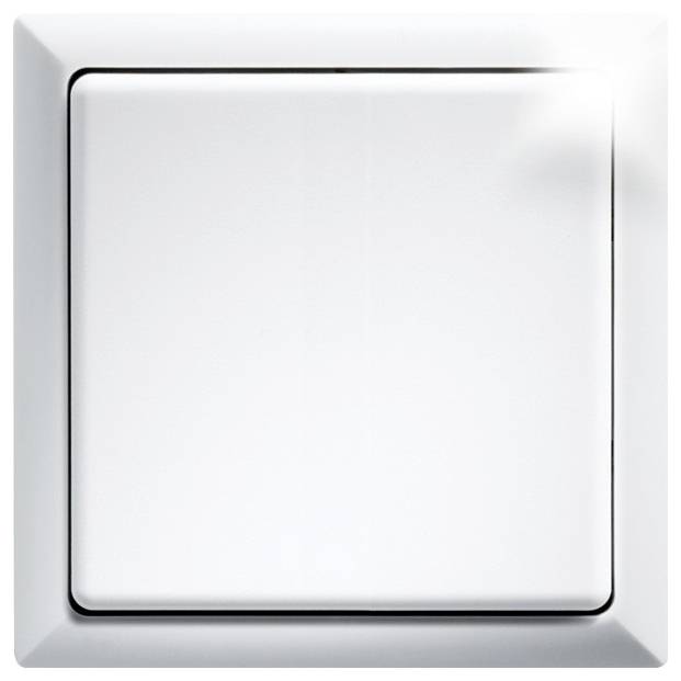 A rectangular, white light switch is positioned in the centre of a white frame. The switch is in the off position.