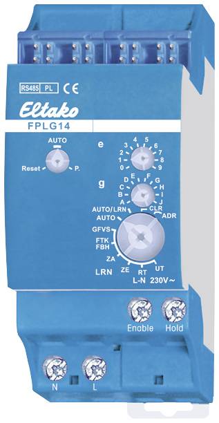 A blue electric control unit with a rotary knob and multiple connections. Labelled: 'Eltako FPLG14', '230V', 'Enable', 'Hold'.
