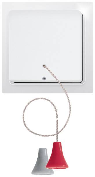 Two toggle switches, red and grey, are hanging on a cord in front of a white wall switch in a bathroom.