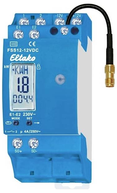 Blue digital energy meter with display showing 1.8 kWh.
