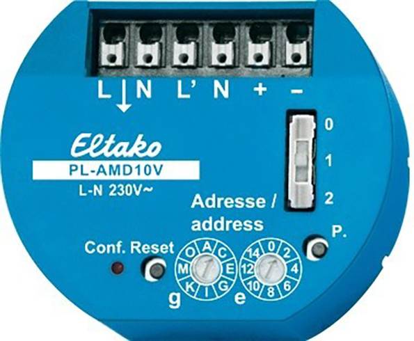 Blue Eltako relay PL-AMD10V with screw terminals at the top, labelled 'L N L N + -', rotary controller, LEDs and button on the right.