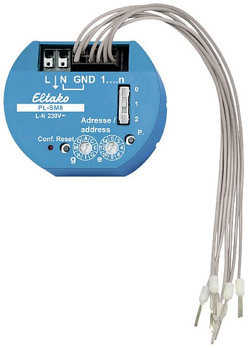 A blue Eltako PL-SM8 with cables. Labels reading 'L In', 'N', 'GND' and 'Address'. Used for: Automation and control systems.