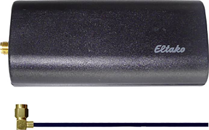 A black Eltako antenna, cylindrical in shape, with a gold-coloured connector and an attached cable.