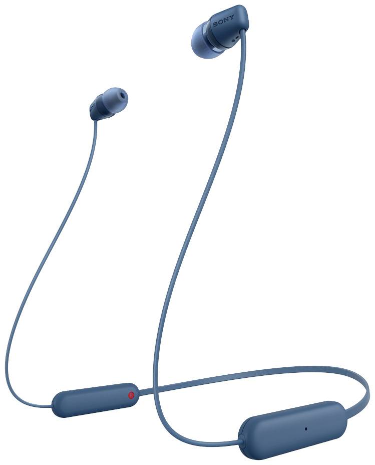 Blue wireless in-ear headphones with a neckband. Sony logo on the left.