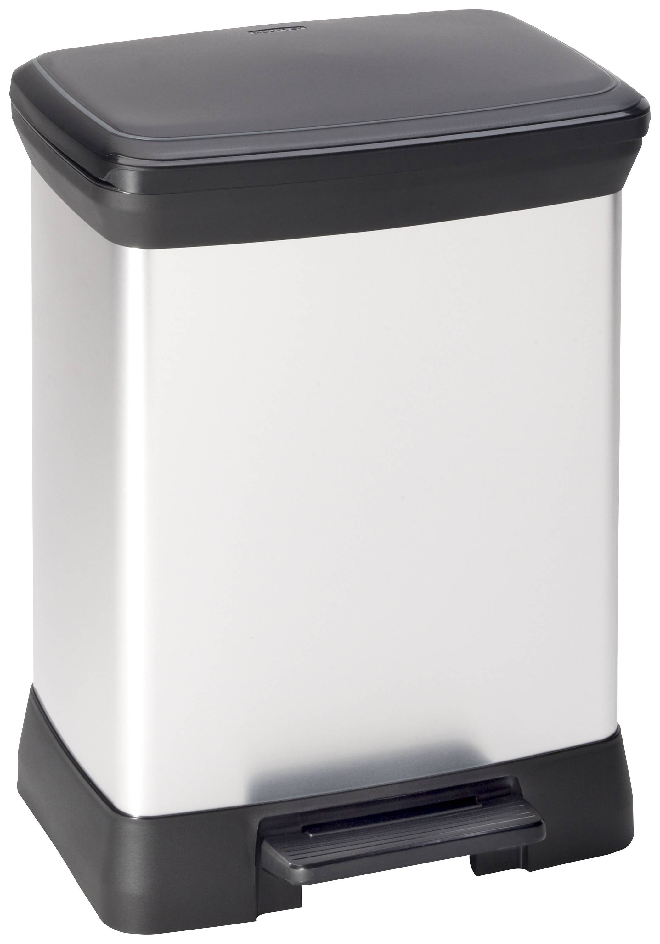 Silver-coloured rubbish bin with black lid and foot pedal.