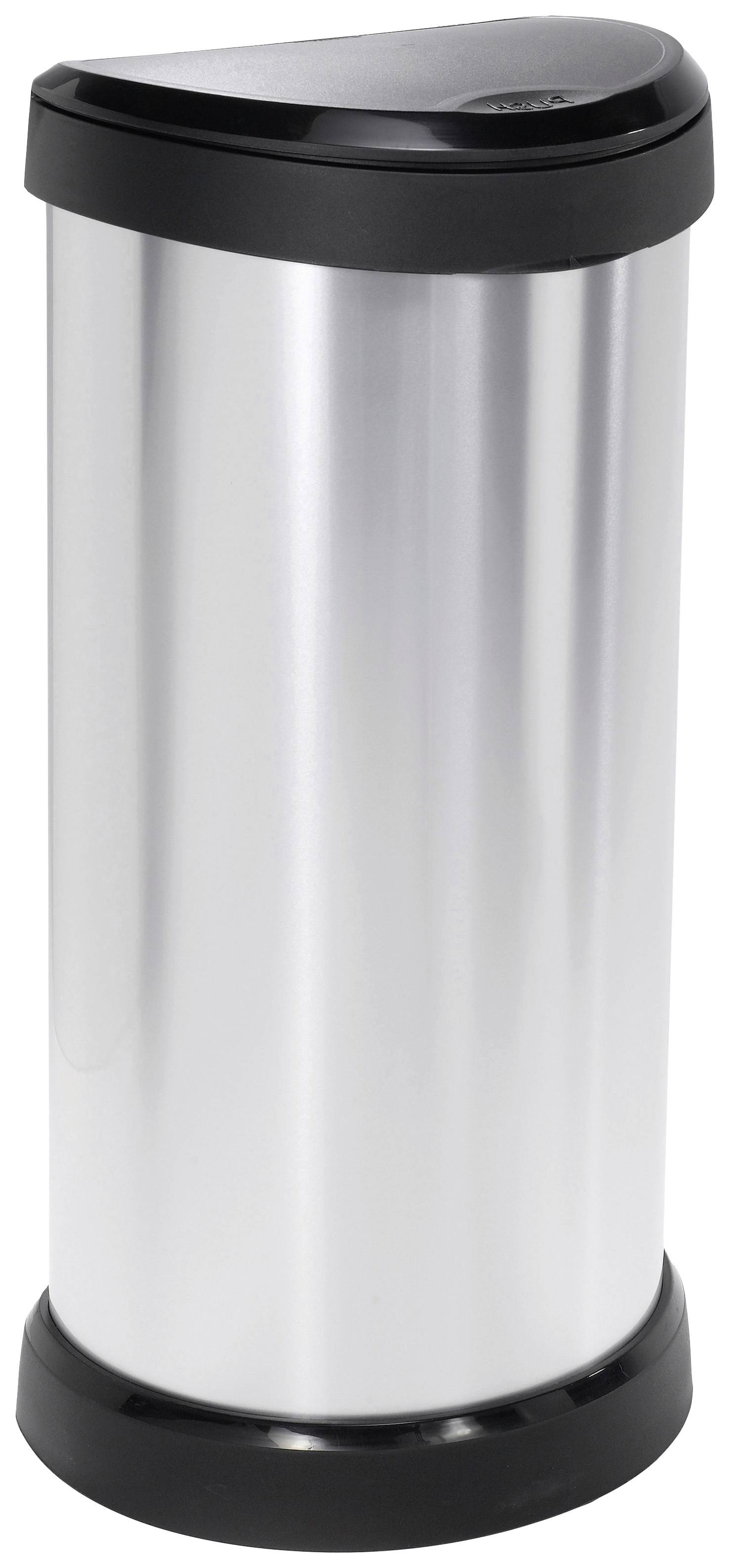 A tall, cylindrical waste bin made of stainless steel with a black lid and base, standing on a neutral background.