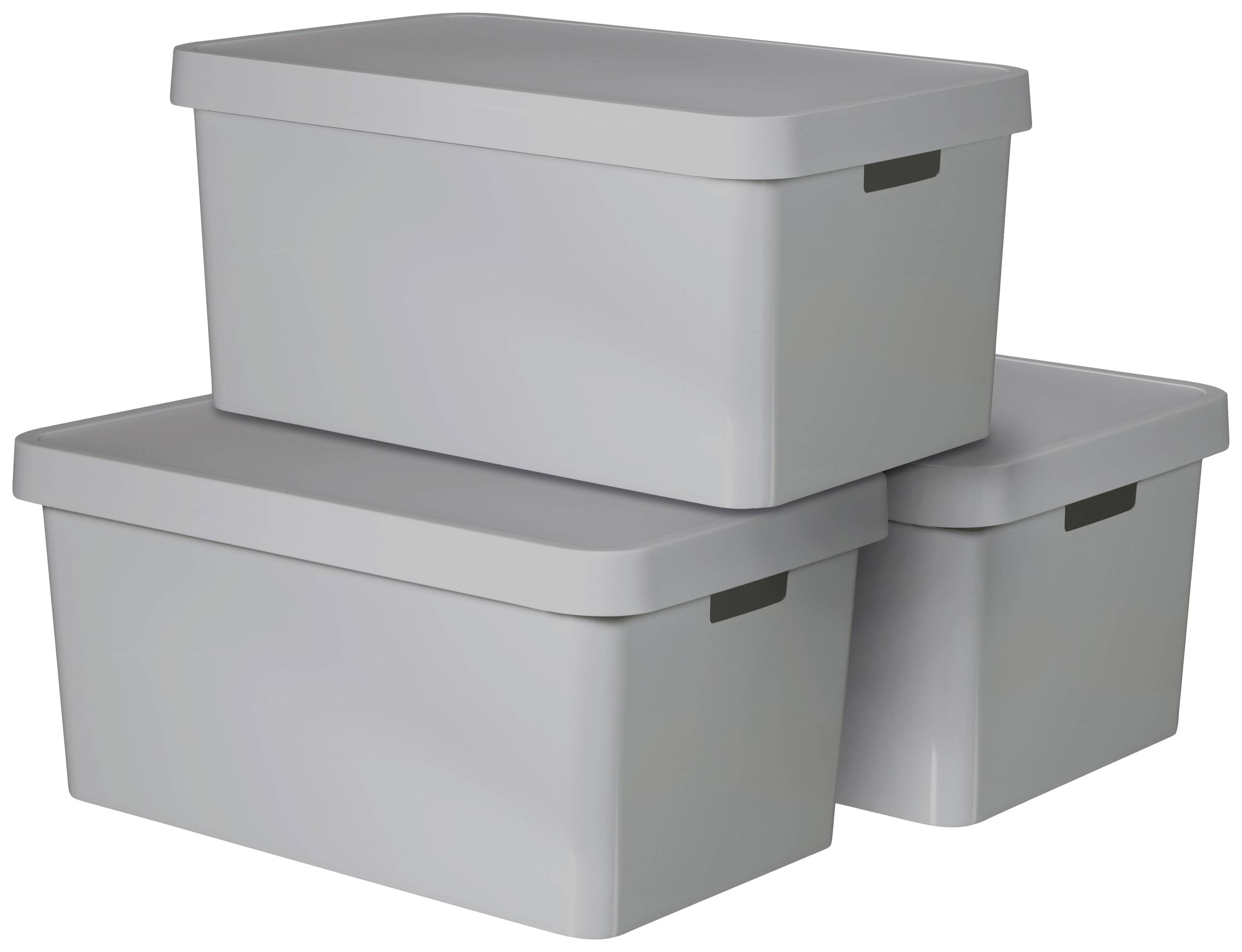 Three stacked grey plastic storage boxes. They are rectangular with lids, perfect for storage.