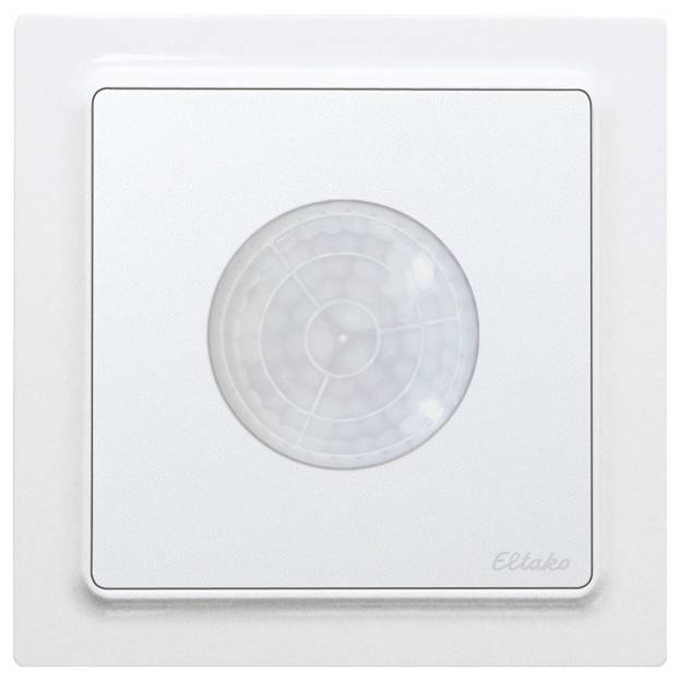 A white motion sensor in a square shape with a circular sensor in the centre.