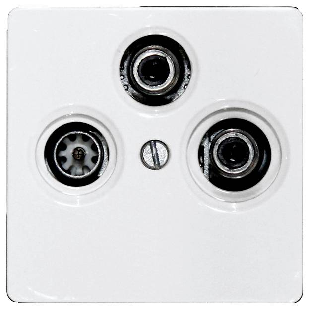 A white TV/radio antenna socket with three ports, typically used for television and radio connections in homes.