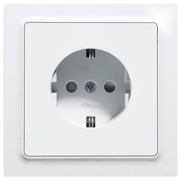White wall socket with earth pin in a square frame.