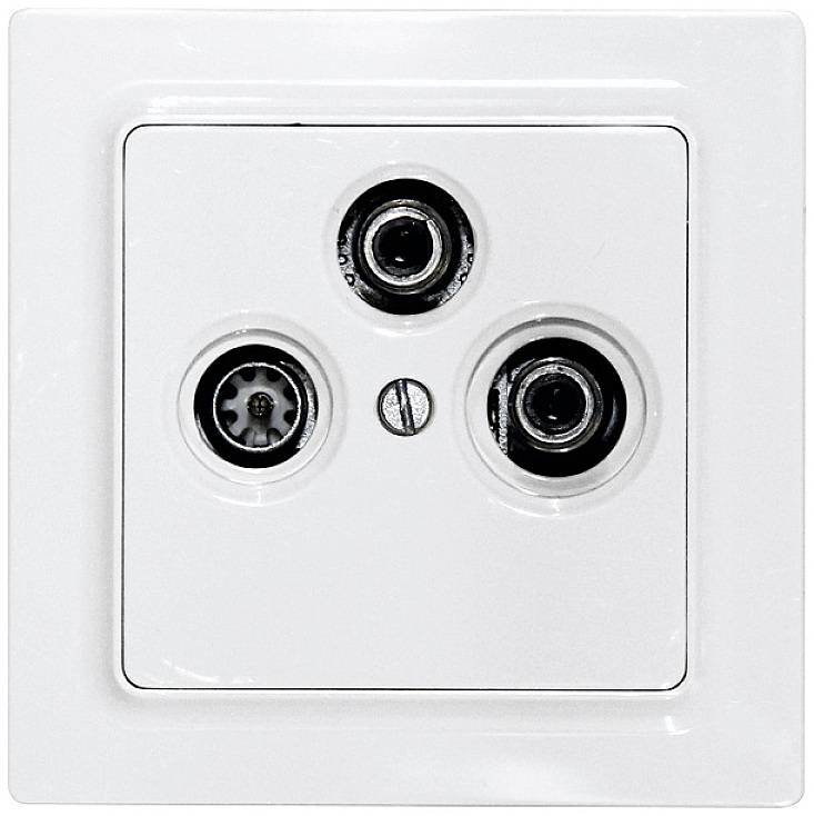 A triple antenna socket with two coaxial connections and an additional connection, mounted on a white wall.