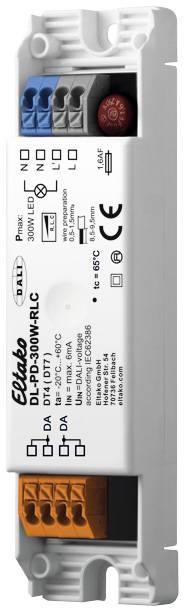 Electric dimmer, Model DLP-300W-RLC by 'Eldako', connection terminals at top and bottom, with installation and safety labels.