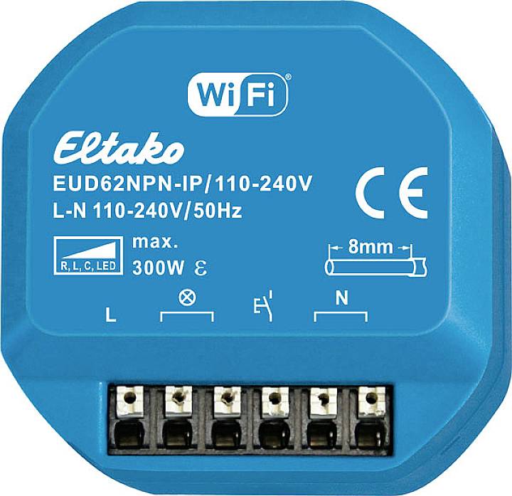 Blue electrical switch by Eltako with WiFi functionality, model EUD62NPN-IP/110-240V, suitable for 110-240V/50Hz and max. 300W.