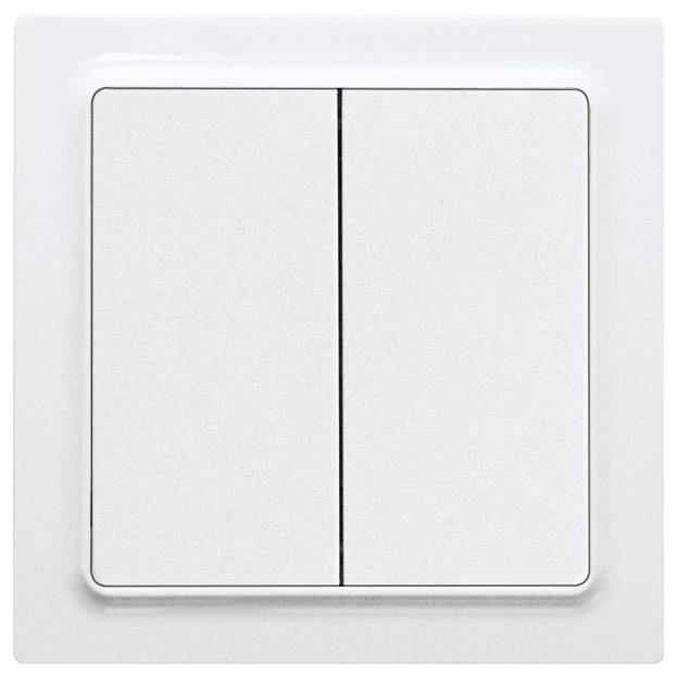 A white, two-part light switch in the off-on position on a white wall, with slightly rounded corners.