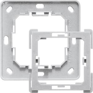 White plastic frame mounting bracket, square, with central cut-out, two overlapping, for electrical installations.