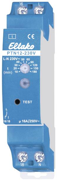 A blue electronic staircase light timer switch with 'Eltako' written on it. Shows connection terminals and a rotary dial for time setting (30-180 seconds).