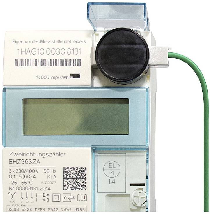 A two-way electricity meter, Model EHZ363ZA, displays kWh consumption. It has a digital display and is suitable for 3x230/400V.