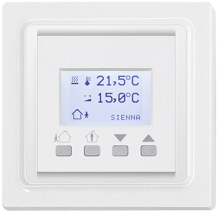 A thermostat displays indoor and outdoor temperatures: '21.5°C' and '15.0°C'. Below are symbols for heating mode, house, and control buttons.