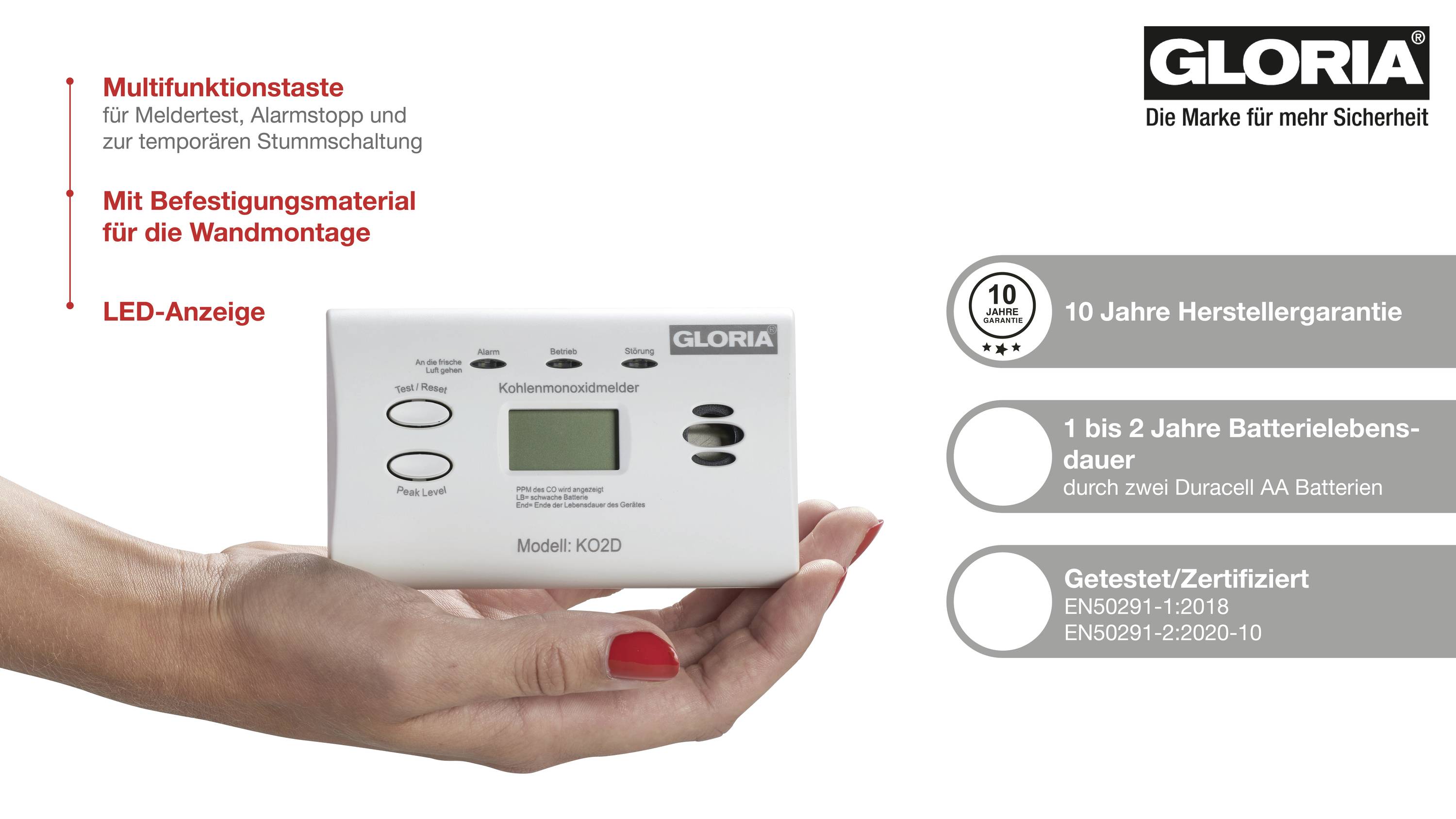 Gloria KO2D Carbon monoxide detector battery-powered detects Carbon monoxide