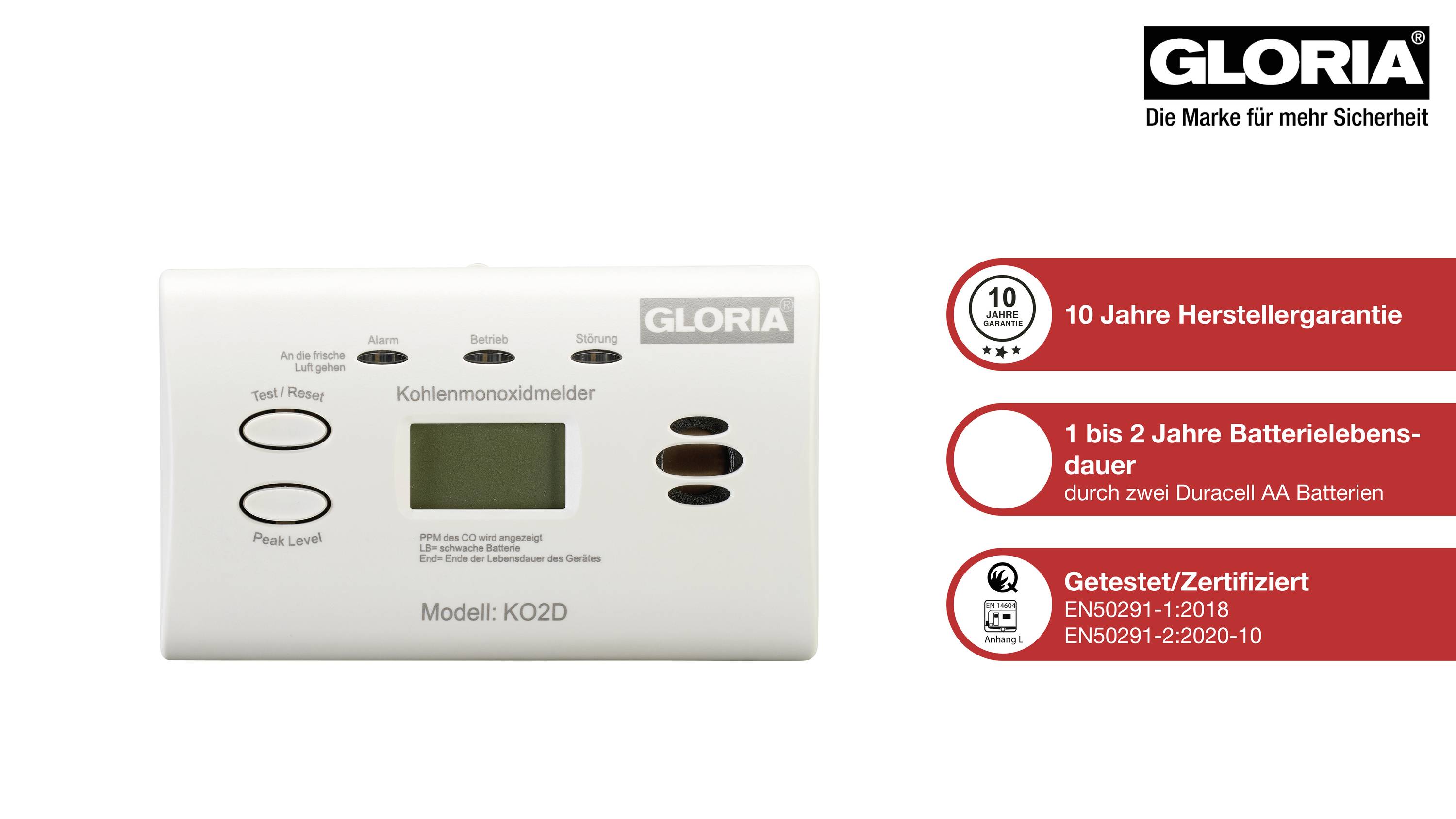 Gloria KO2D Carbon monoxide detector battery-powered detects Carbon monoxide
