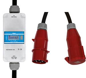 An electrical testing device displays the number '0000362' on a screen. Next to it are two red industrial plug connections.