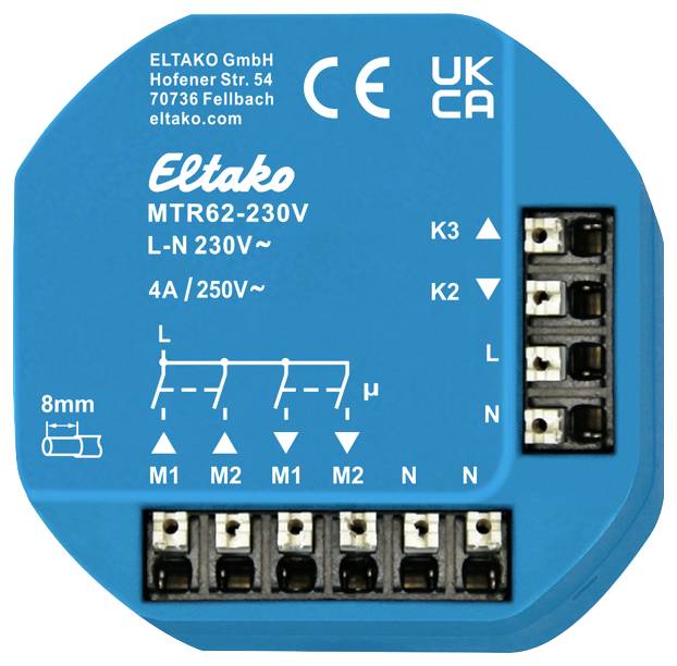 'Eltako MTR62-230V' relay module with three terminals for controlling loads up to 250V. Manufacturer information printed above.