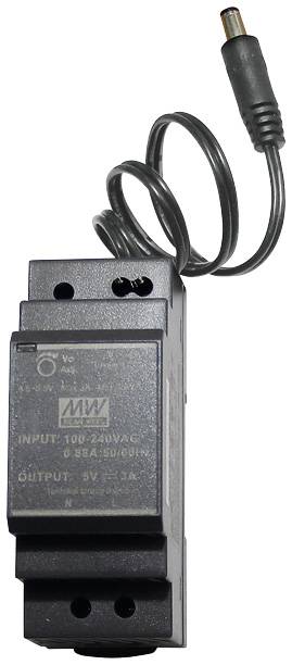 A black power adapter with plug connection, marked with 'INPUT 100-240V AC' and 'OUTPUT 9V 1.5A', suitable for European plug sockets.