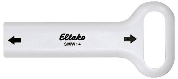 A white key with the inscription 'Eltako SMW14' and arrows pointing left and right, presumably for adjusting or mounting.