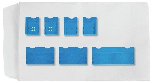 Seven blue plastic pieces on a white background, two with Omega symbols. Pieces arranged in various sizes and shapes.