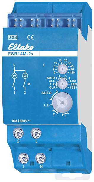 Electronic device for control, blue housing, model number 'FSR14M-2x', multiple connections and a rotary control dial.