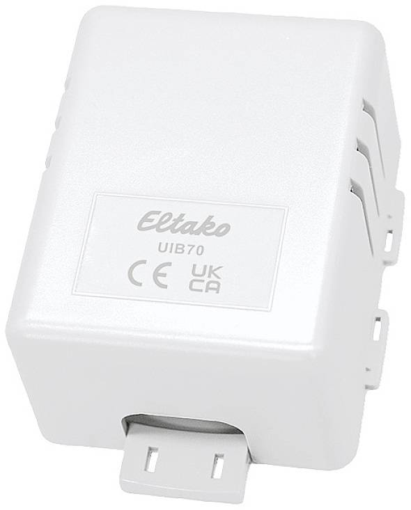 A white Eltako device with the inscription 'UIB70' and CE, UKCA certifications, mountable on DIN rail.