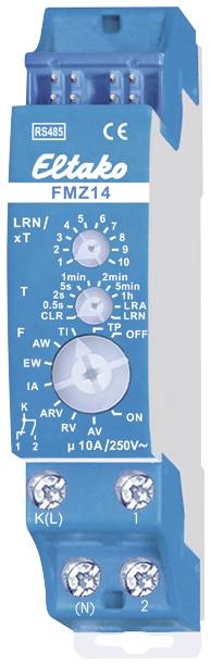 Blue Eltako FMZ14 module with LRN button, rotary controls for settings and connections. Marking '10A/250V~'.