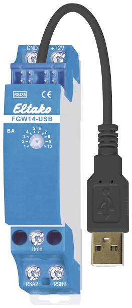 Blue Eltako FGW14-USB device with USB cable for connecting to RS485 systems, used for home automation.