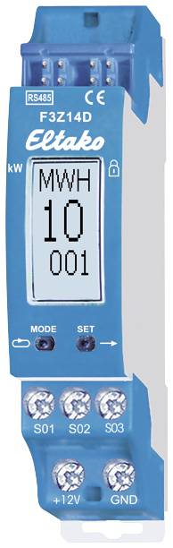 Blue measuring device with display, showing 'MWH 10 001', has connections at the bottom. Labelled with 'Eltako' and model number 'F3Z14D'.
