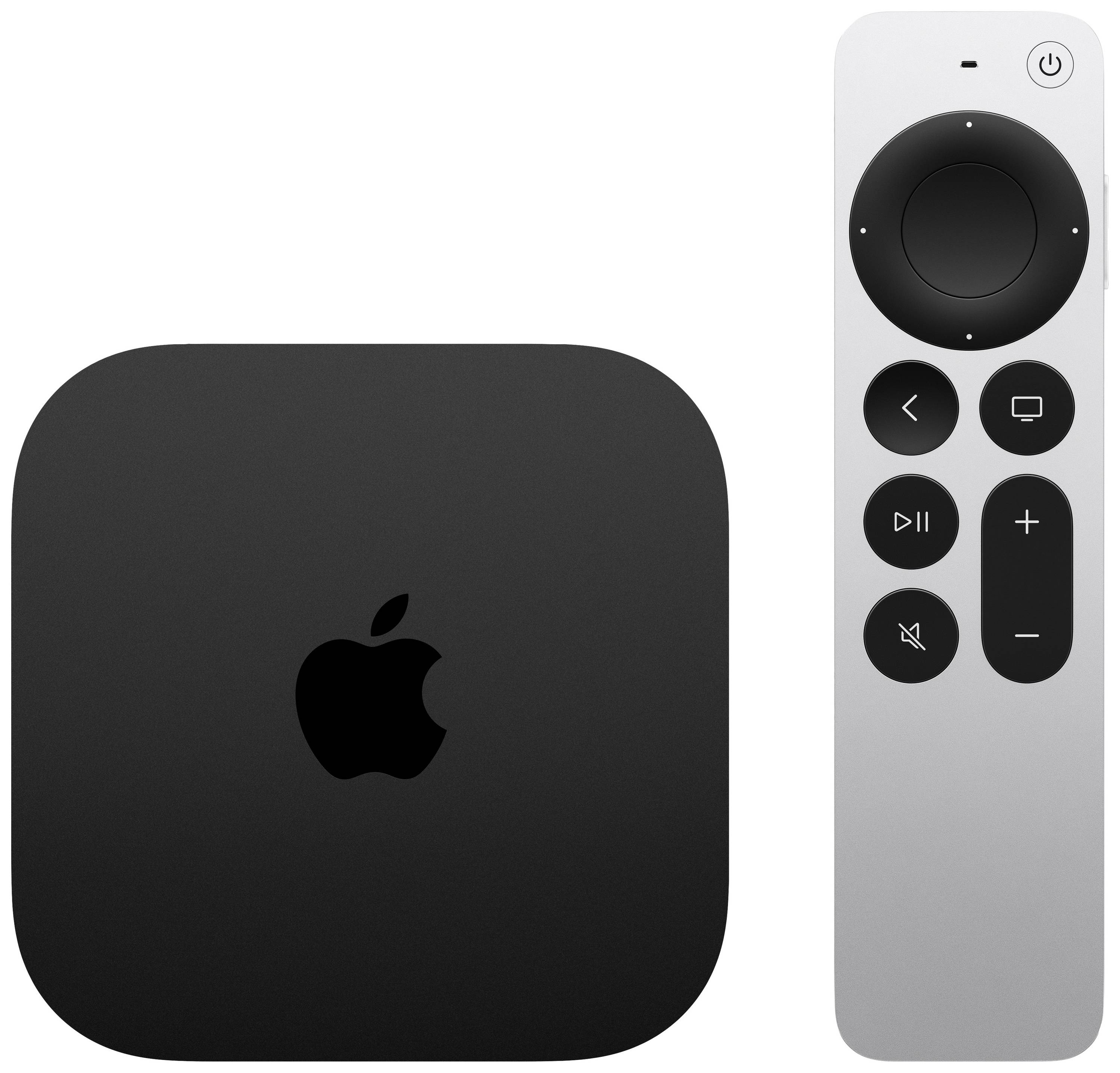 Black set-top box with Apple logo next to a silver, slim remote control with black buttons for media control.