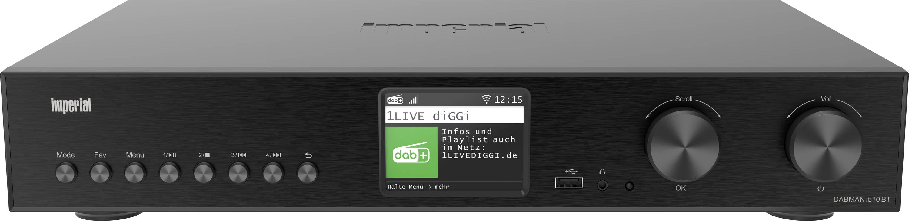 Front panel of a Cambridge Audio integrated amplifier with a central screen showing 'LIVE DIGI' and large volume and source knobs on the right.