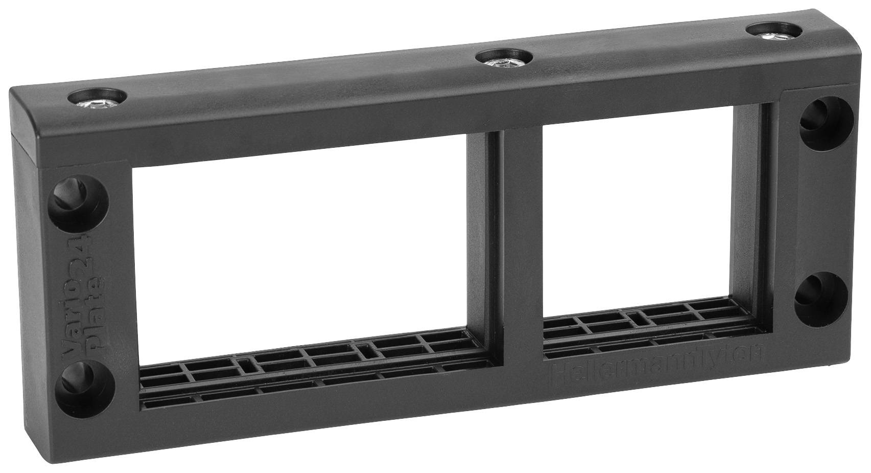 Black rectangular plastic mounting bracket with two open rectangular compartments and screw holes at the corners, designed for installation.