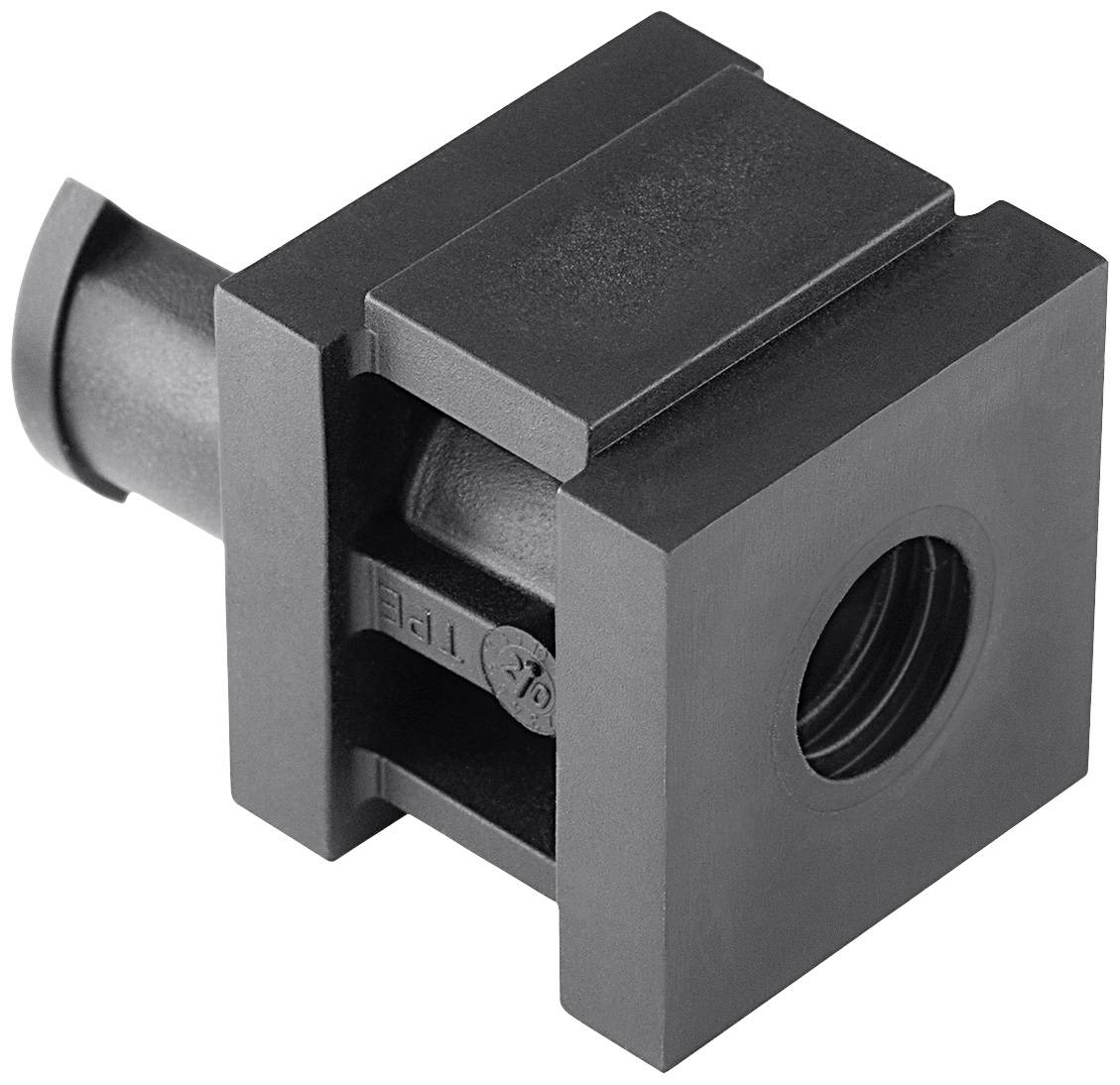 A black, cubic fixing element with a circular hole in the centre, most likely made of plastic.